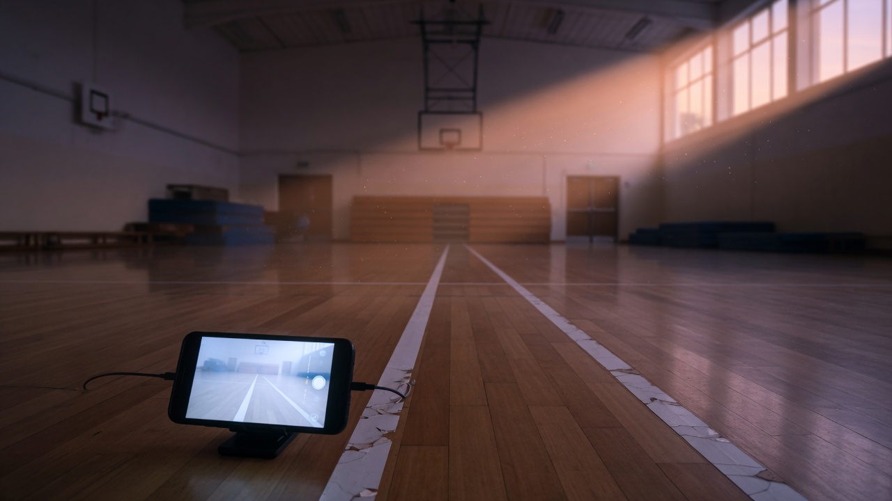Empty gym, two court lines, a phone left on the floor watching the 20 metre lane