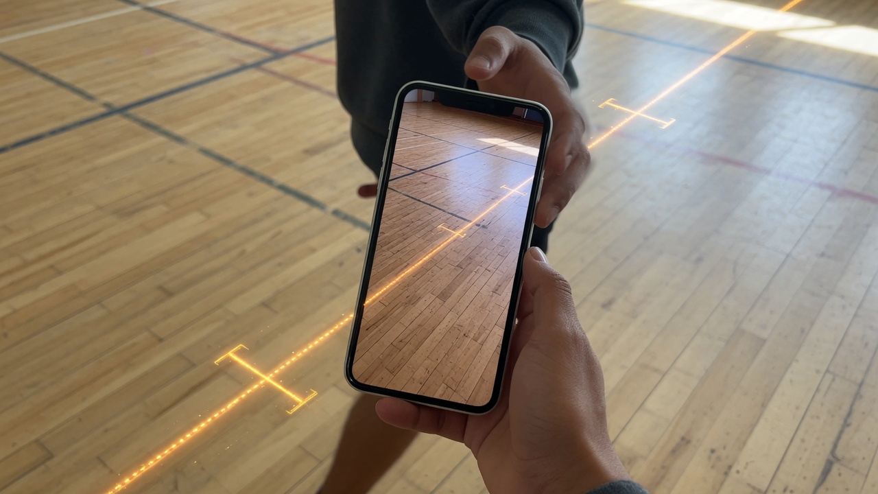 Hands holding a phone while walking a gym, amber AR line drawn along the floor between two end marks
